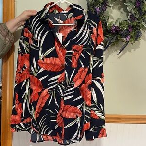 Navy Button-Down Shirt with Red Tropical Leaf Print